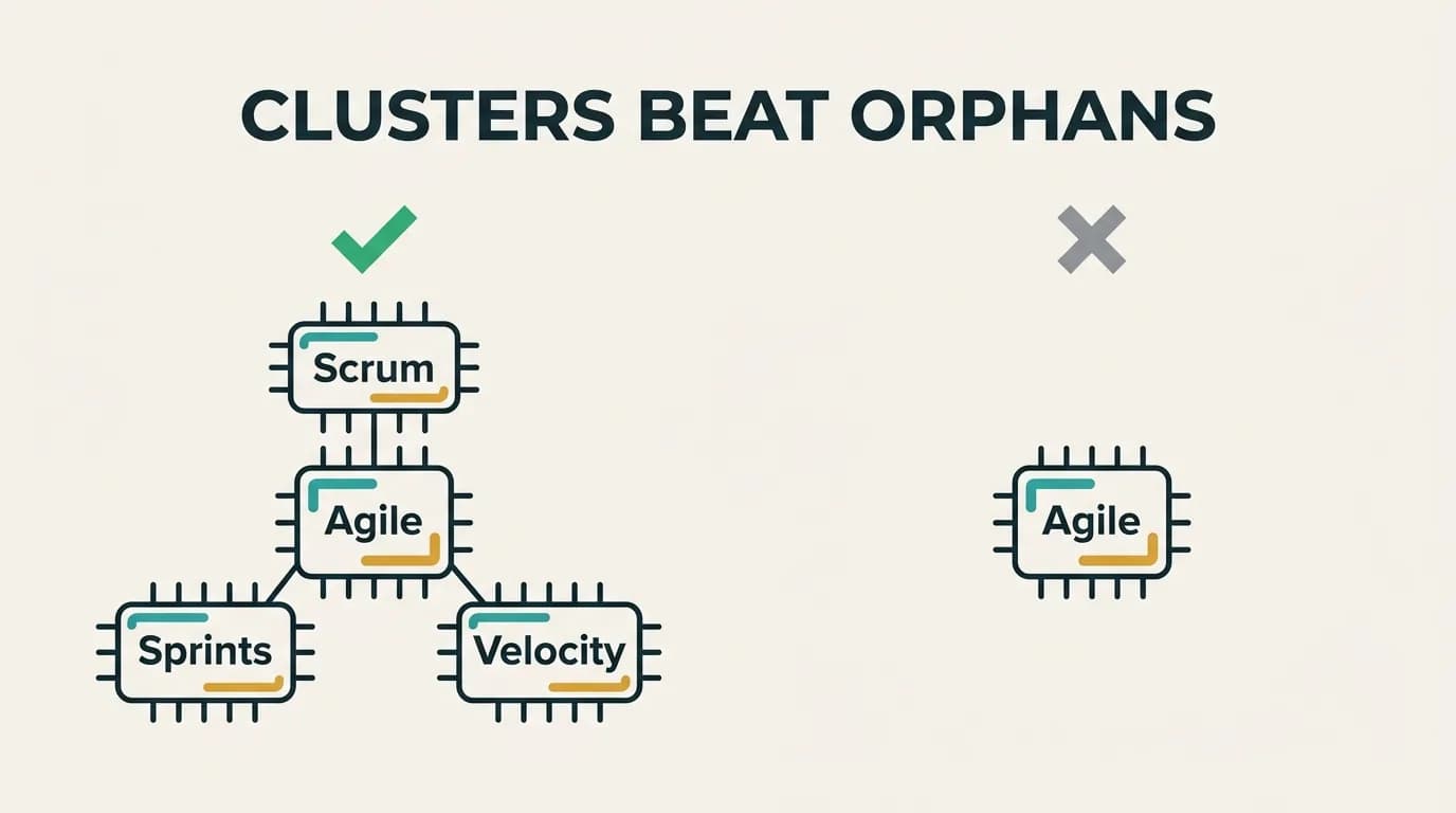 Isometric illustration of a keyword cluster with Agile surrounded by related terms Scrum, Sprints and Velocity, beside a lonely orphan Skills keyword