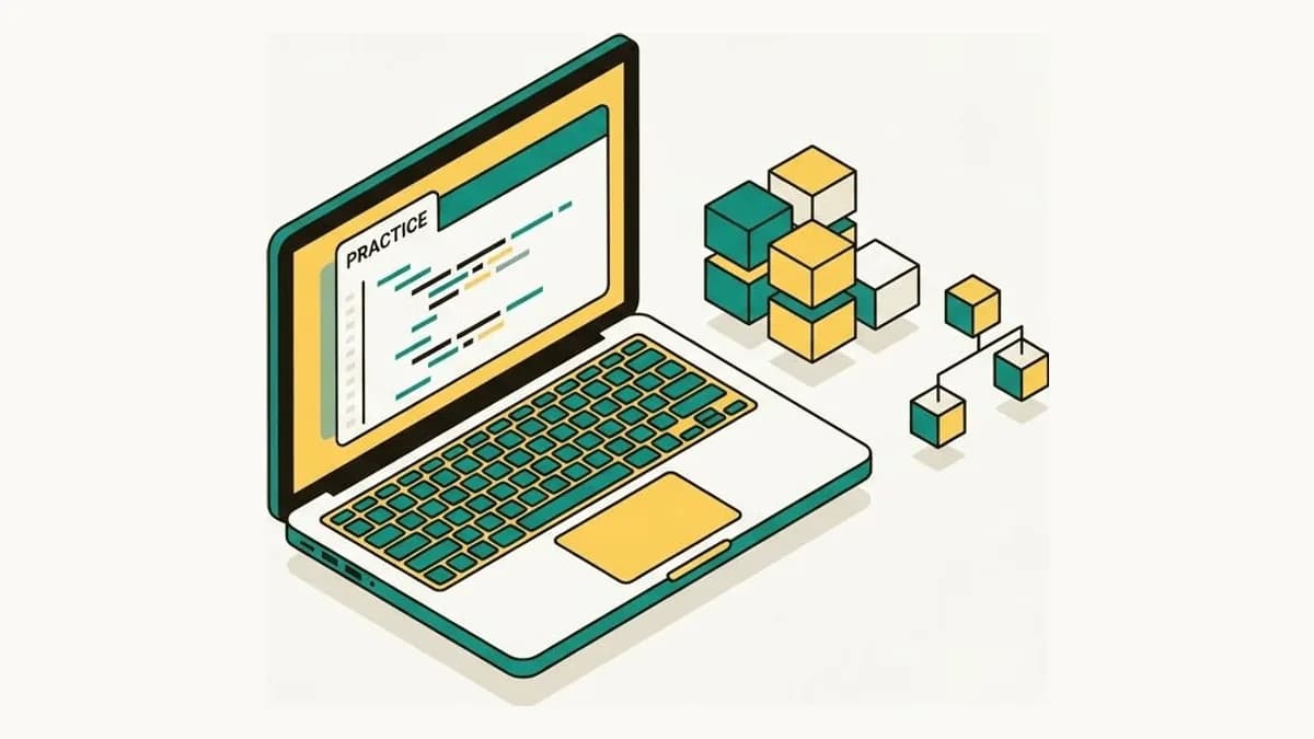 Isometric illustration of a laptop with a code editor beside abstract array and tree data-structure blocks for algorithm practice