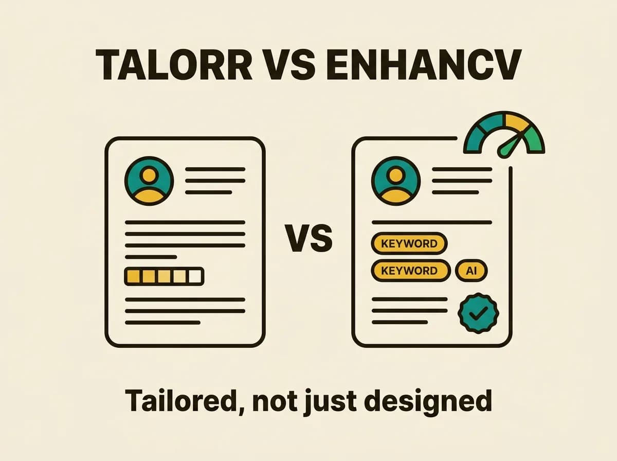 Flat vector illustration comparing Talorr AI and Enhancv, showing a plain design-focused resume beside a tailored resume with keyword pills, a job-match gauge and a checkmark