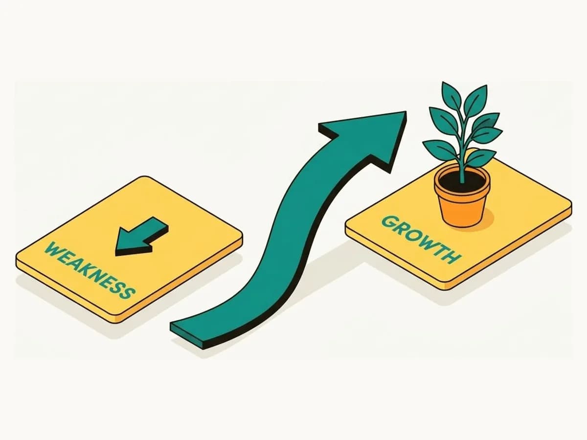 Isometric illustration of a weakness being reframed as growth, with an upward arrow leading from a Weakness card to a Growth card with a thriving plant
