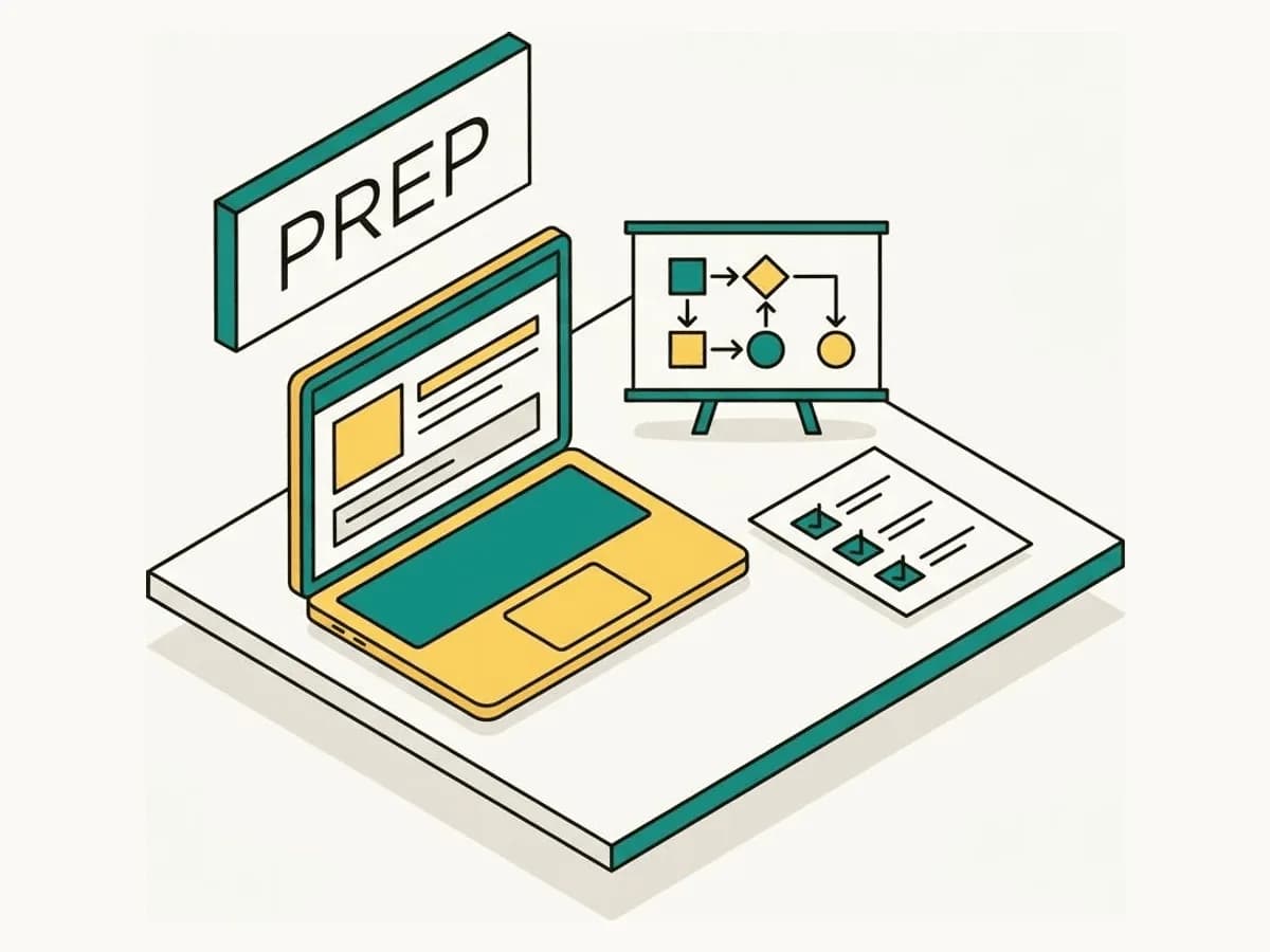 Isometric illustration of a technical interview prep desk with a laptop, whiteboard flow diagram and a checklist