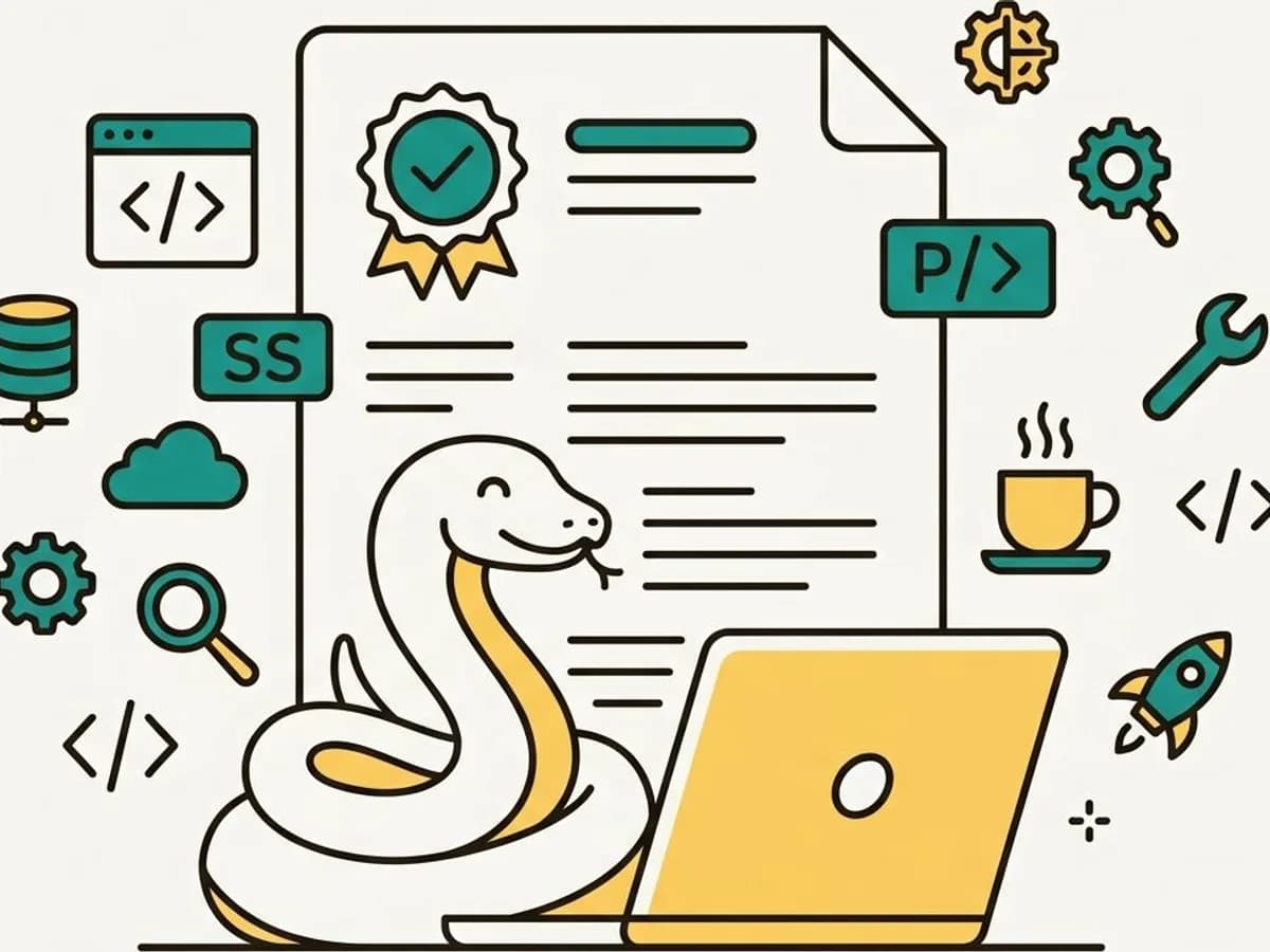 Line-art illustration of a Python developer's resume surrounded by floating skill tags like Django, Pandas, SQL and Git, with a friendly snake curled around a laptop and a checkmark badge showing a strong match