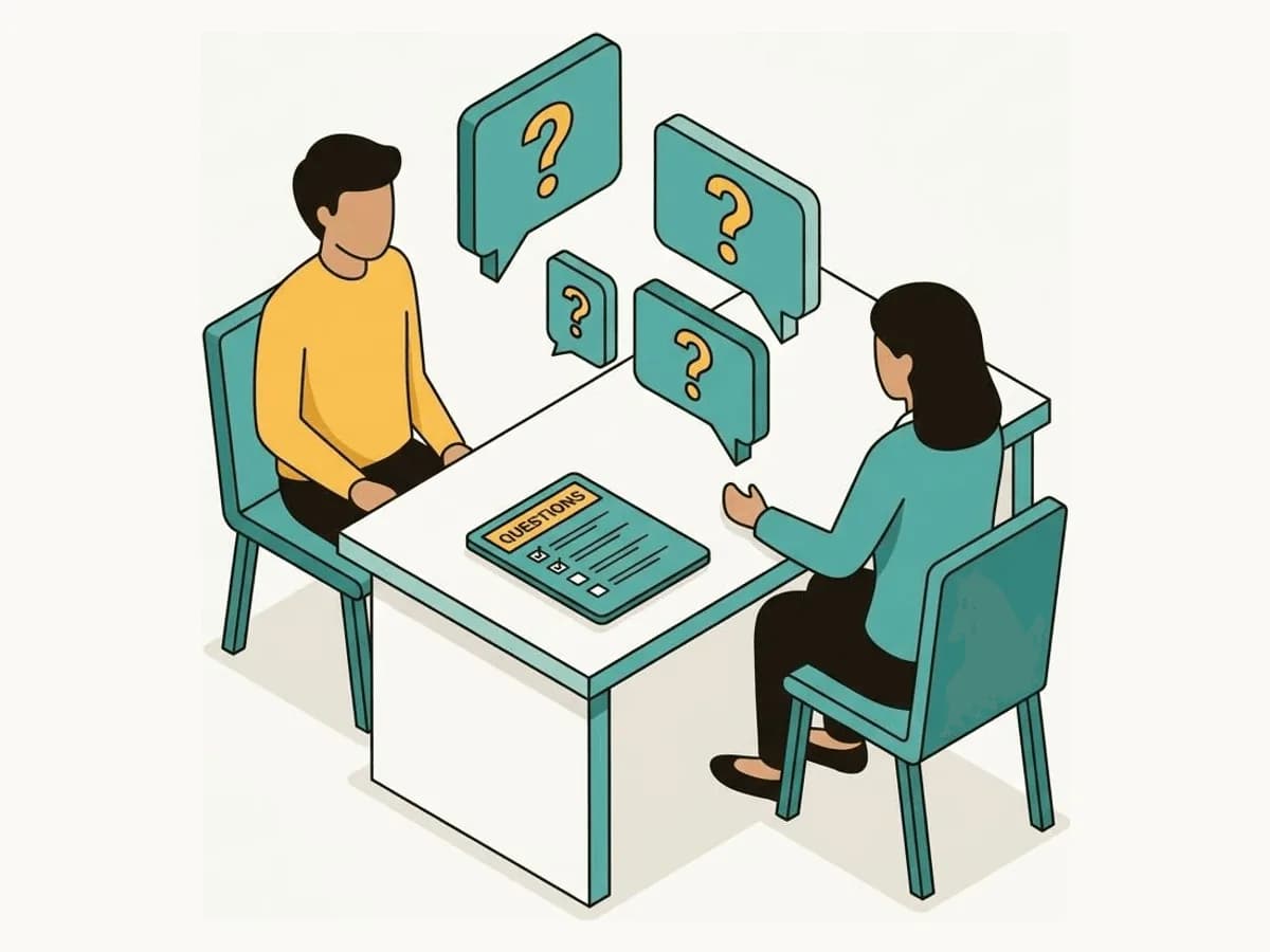 Isometric illustration of a candidate and interviewer at a desk with question-mark speech bubbles and a Questions checklist