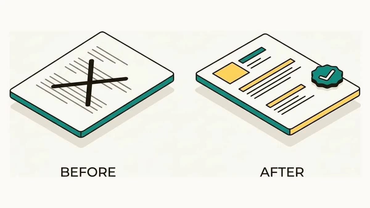 Isometric before-and-after comparison of a weak resume summary marked with a cross and a strong summary marked with a teal checkmark