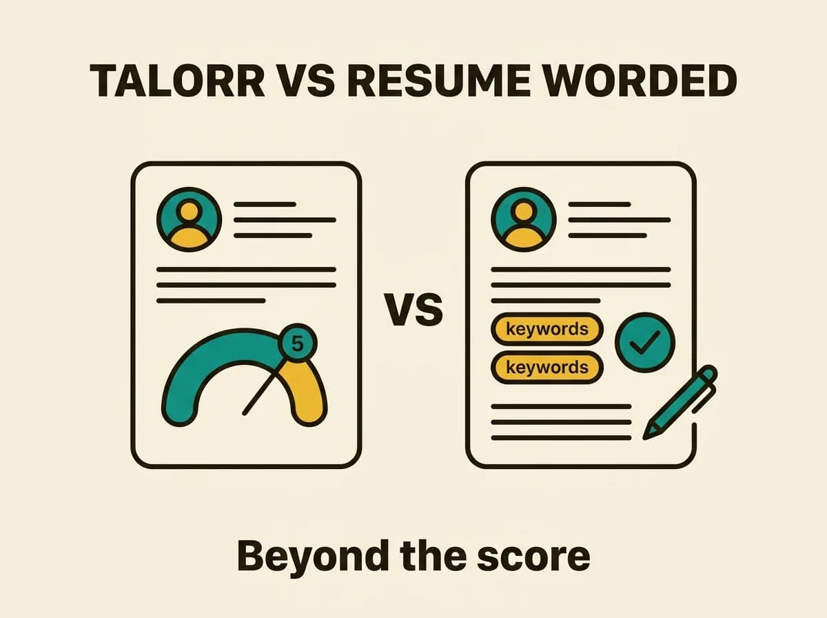 Flat vector illustration comparing Talorr AI and Resume Worded, showing a resume with only a score gauge beside a tailored resume with keyword pills, a checkmark and a pen rewriting it