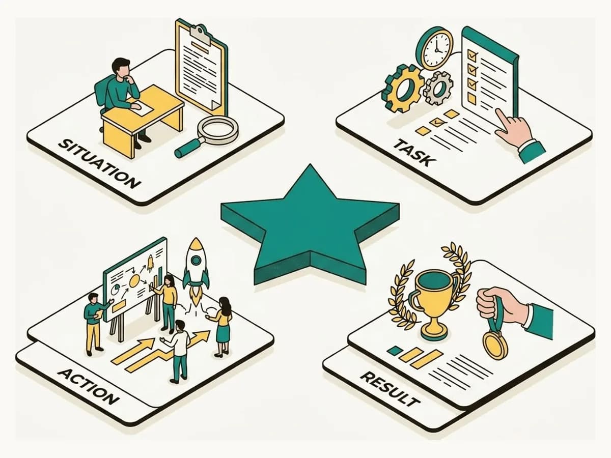 Isometric illustration of the STAR method with a central star and four labeled cards for Situation, Task, Action and Result