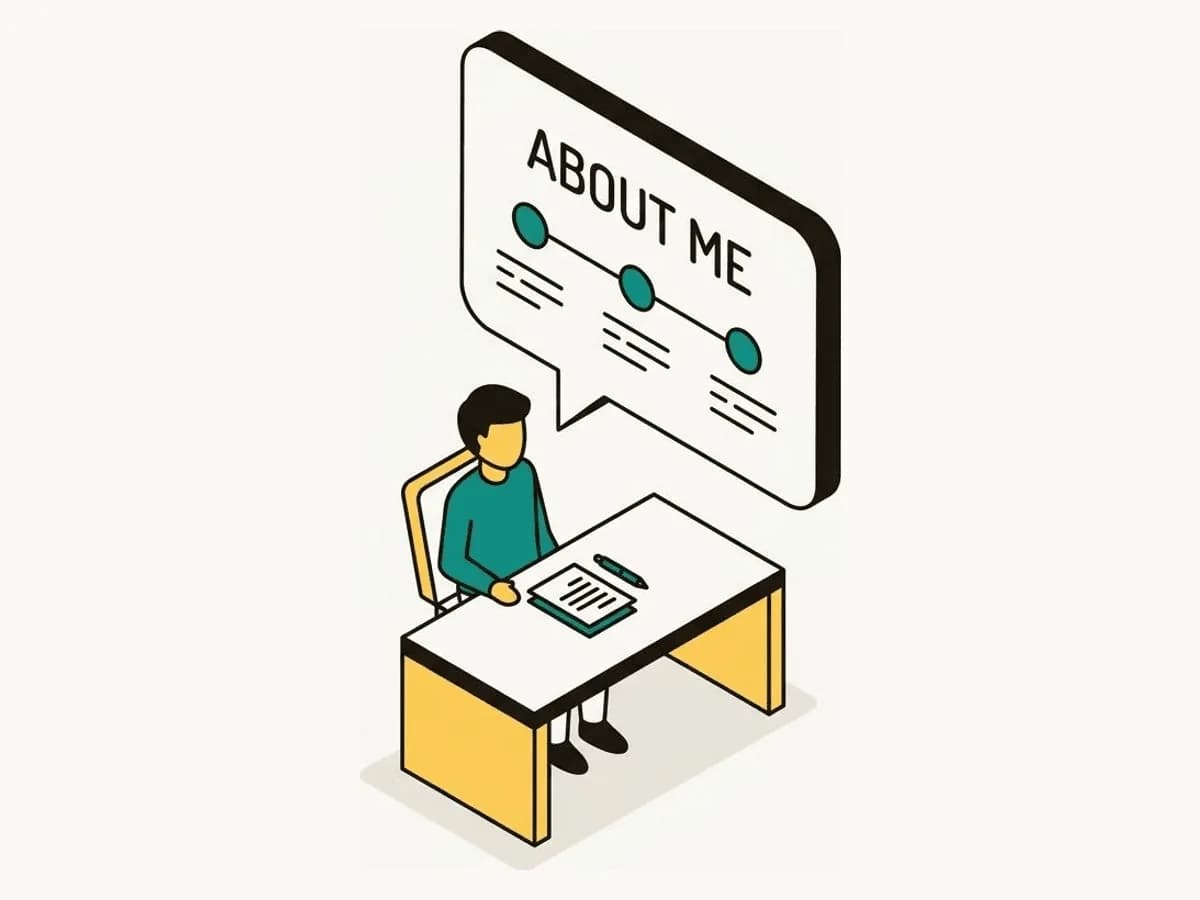 Isometric illustration of a candidate at an interview desk with an About Me speech bubble showing a three-step timeline