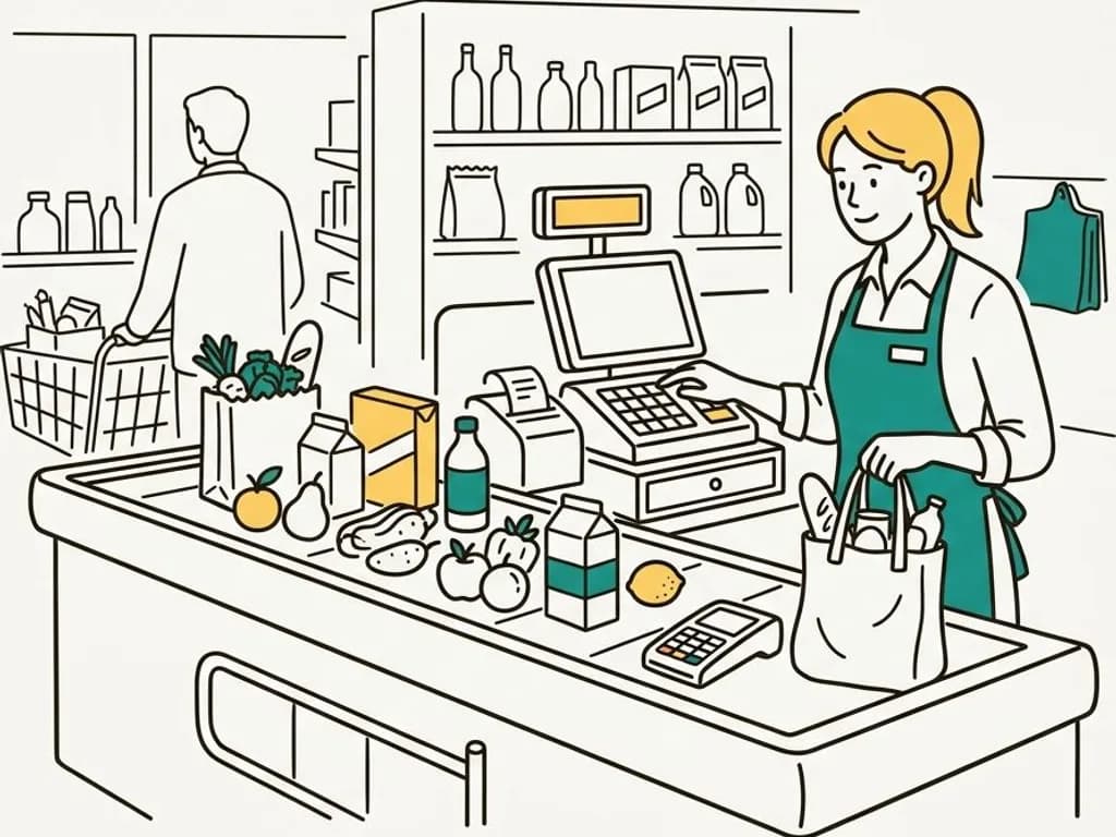 Line-art illustration of a cashier at a checkout counter with a register