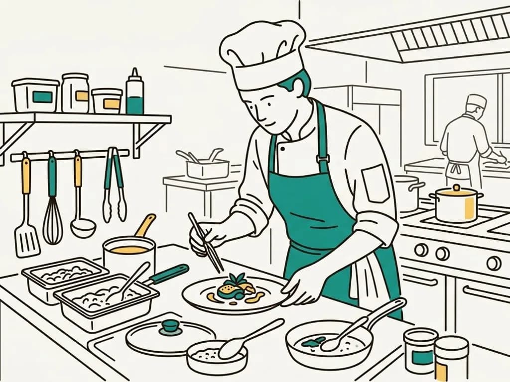 Line-art illustration of a line cook plating food at a kitchen station