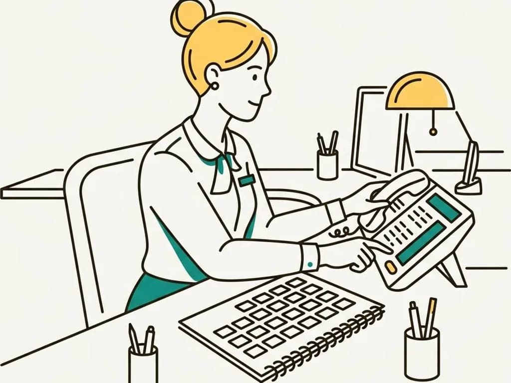 Line-art illustration of a receptionist at a front desk with a phone and calendar