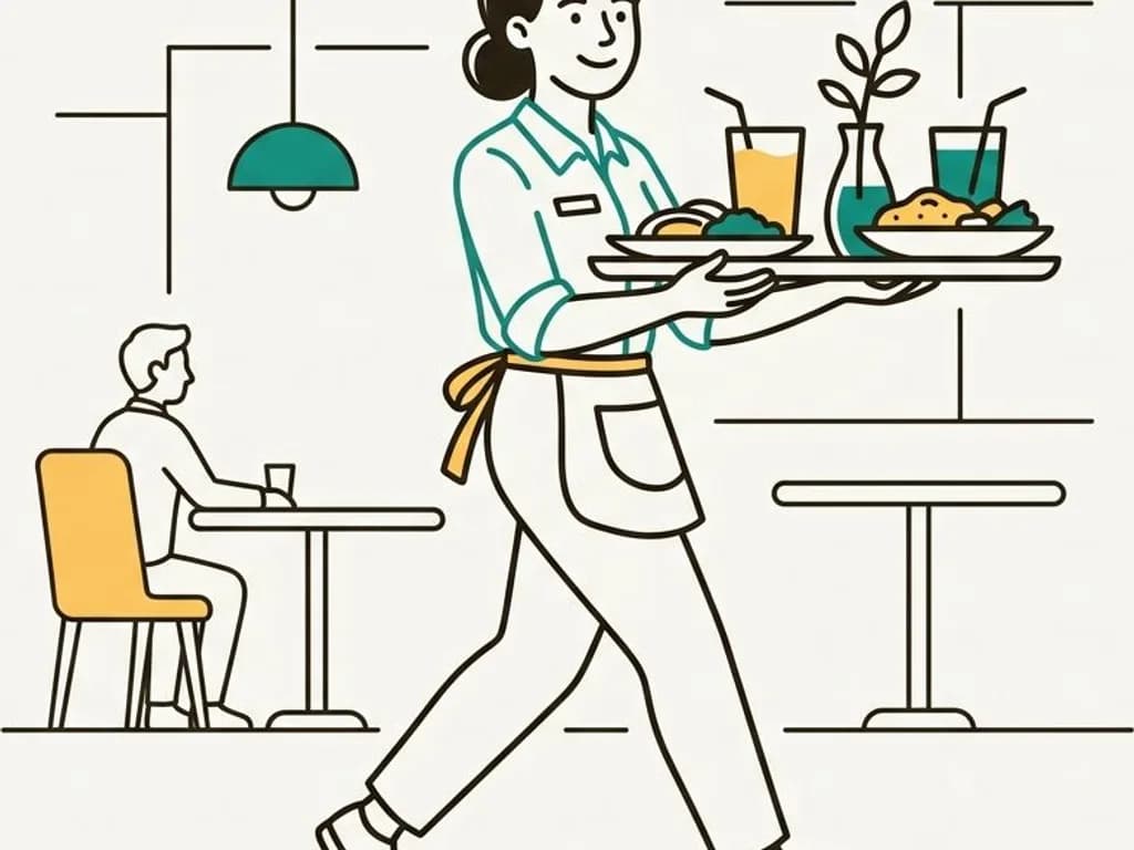 Line-art illustration of a restaurant server carrying a tray of plates and drinks