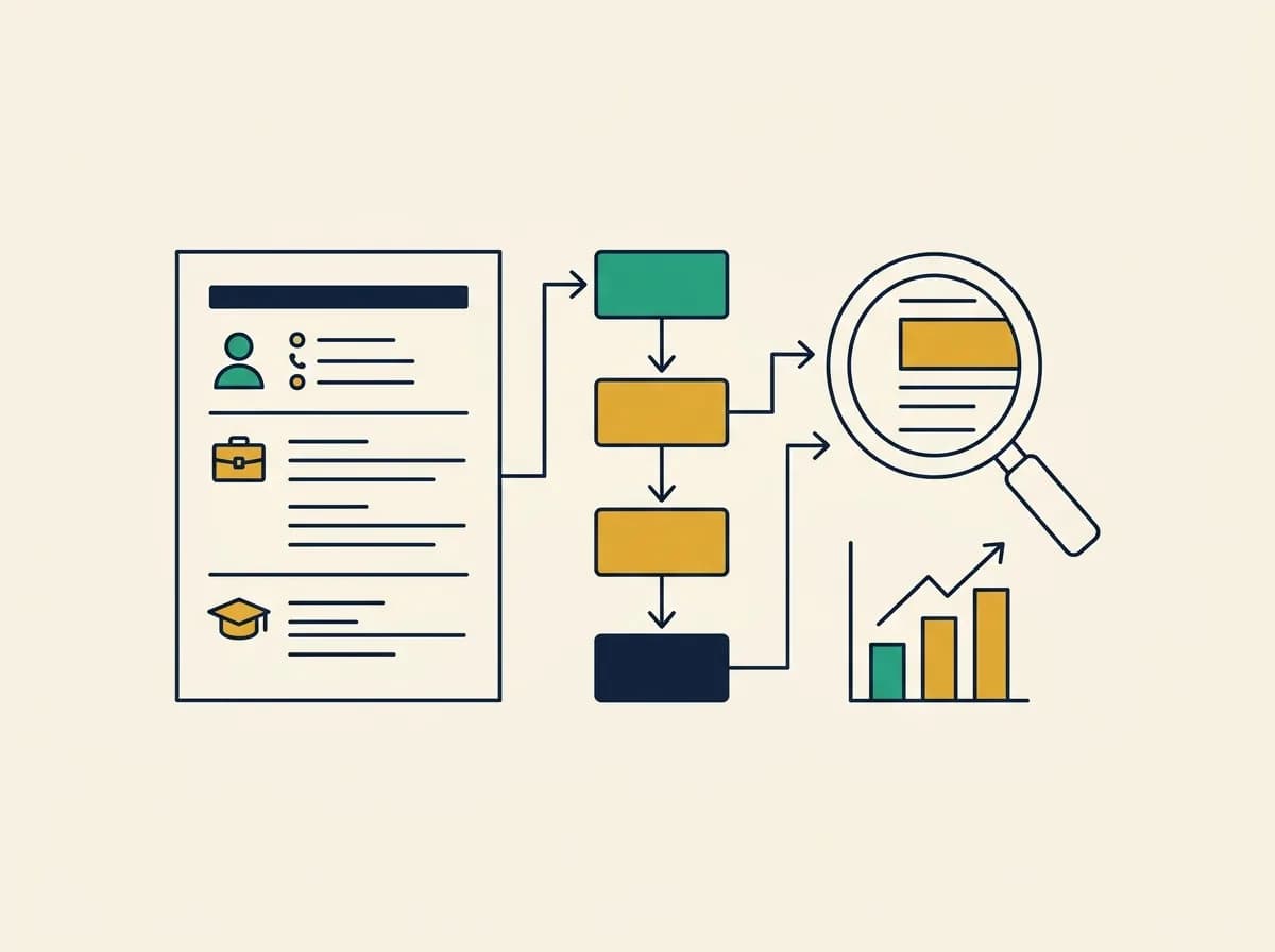 Flat illustration of a business analyst resume beside a flowchart, a magnifying glass, and a bar chart