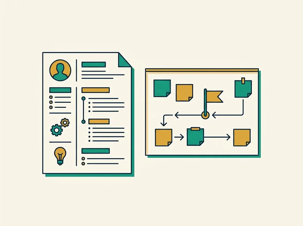 Flat illustration of a product manager resume beside a roadmap board with sticky notes and a milestone flag