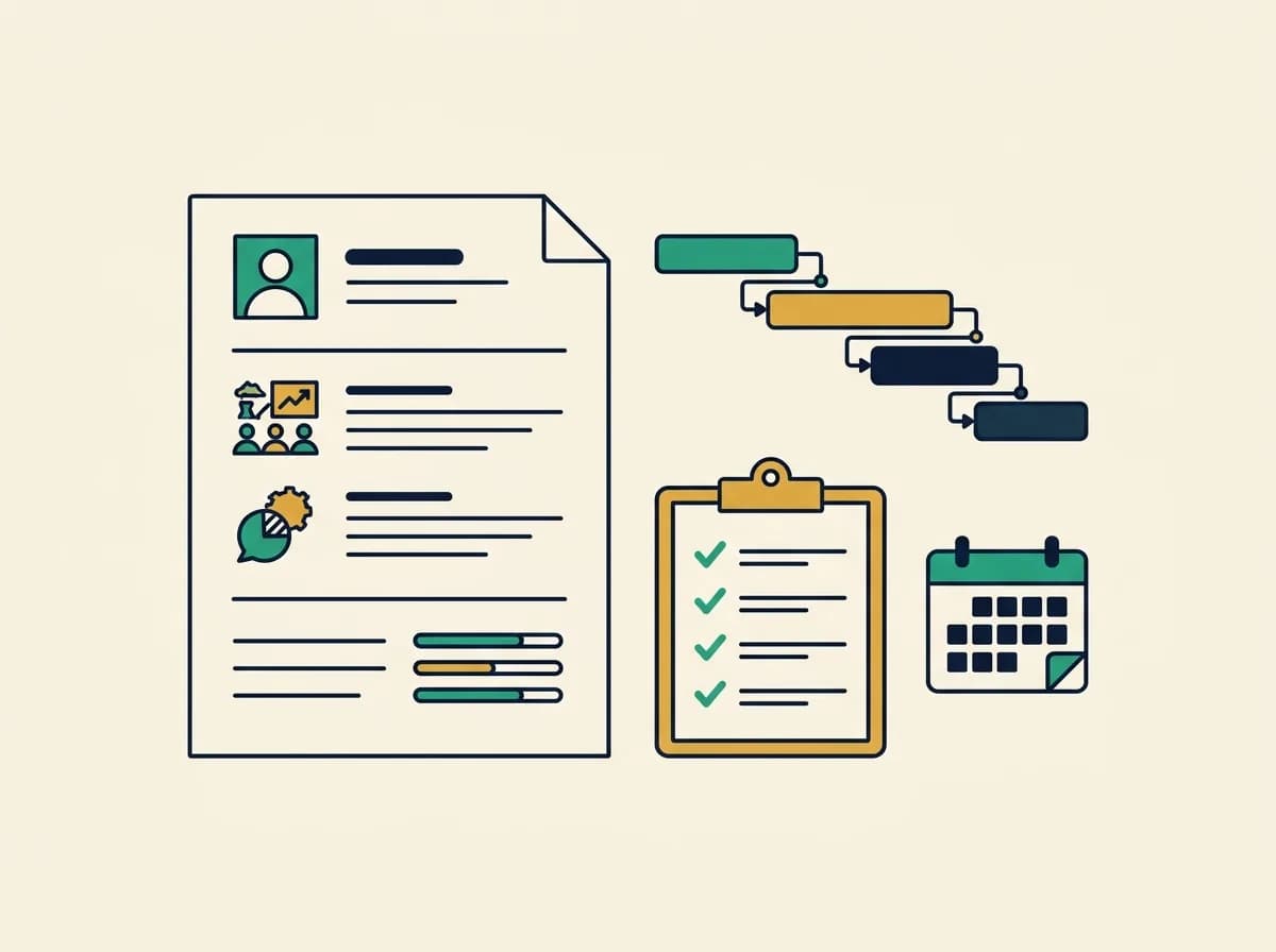 Flat illustration of a project manager resume beside a Gantt timeline, a checklist clipboard, and a calendar