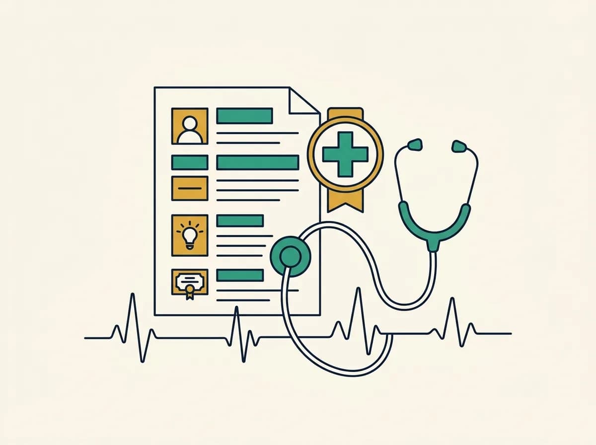 Flat illustration of a registered nurse resume beside a medical cross badge, a stethoscope, and a heartbeat line