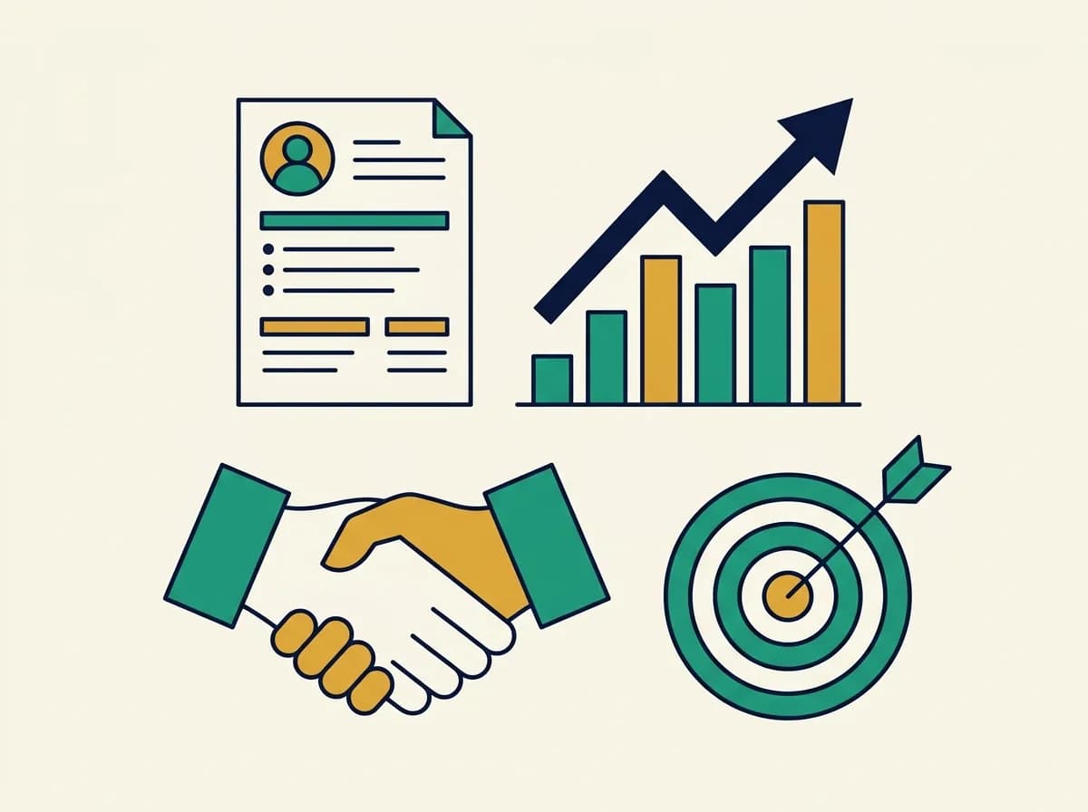 Flat illustration of a sales representative resume beside a rising sales chart, a handshake, and a target with an arrow
