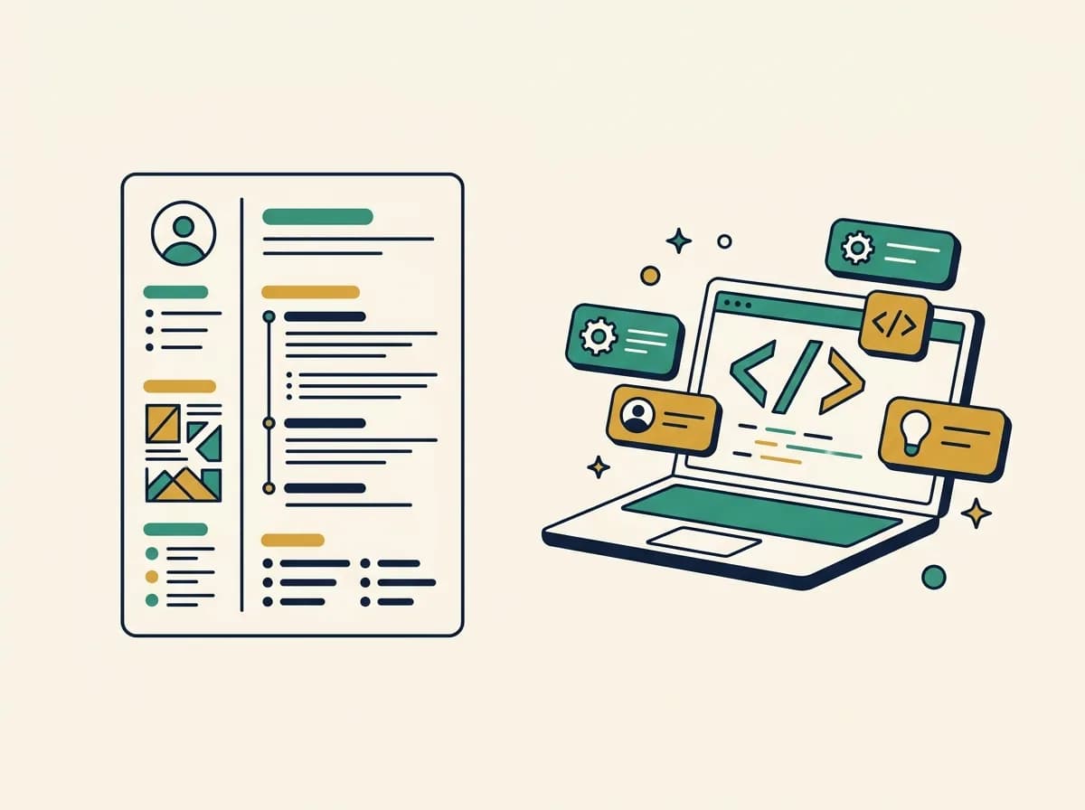 Flat illustration of a software engineer resume beside a laptop showing code brackets, gears, and API blocks