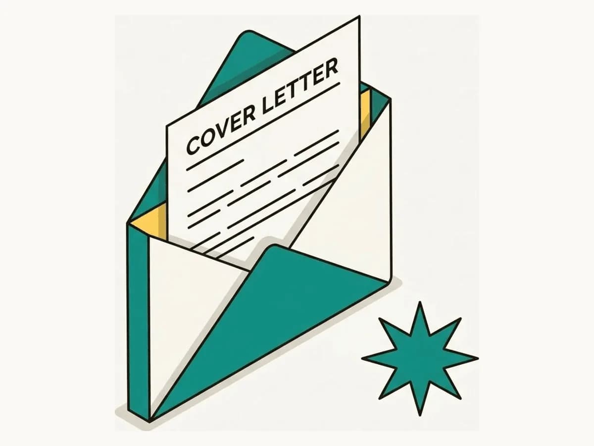 Isometric illustration of an open envelope with a cover letter emerging and an AI sparkle badge
