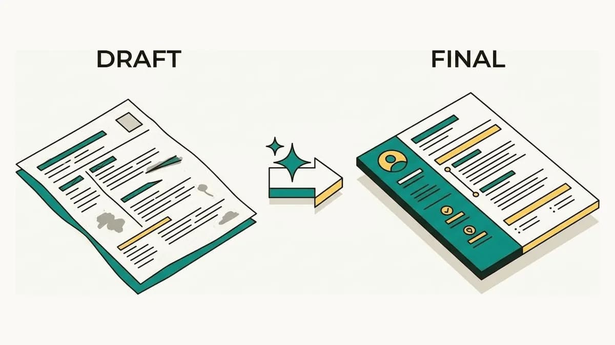 Isometric before-and-after of a rough resume draft transformed by AI into a polished final resume