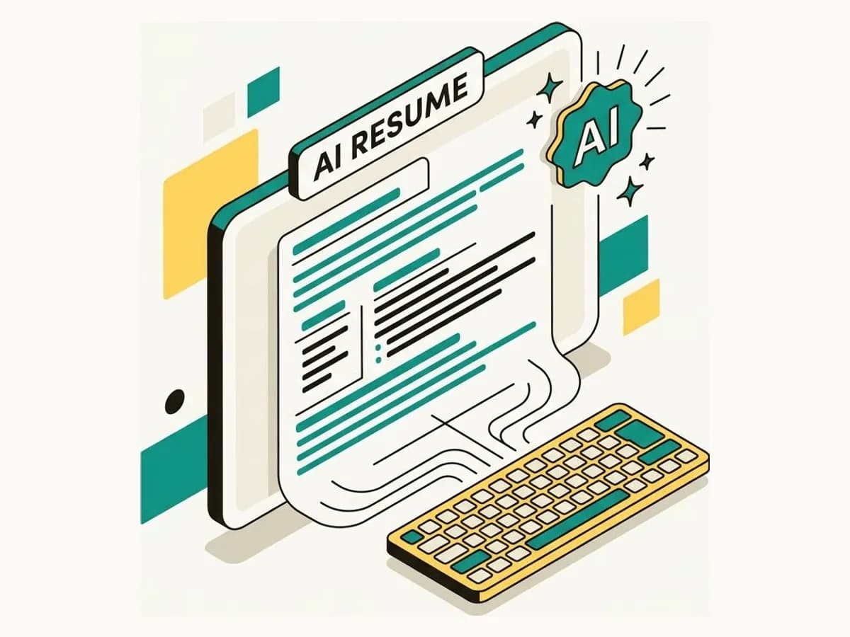 Isometric illustration of a resume being written on screen with an AI sparkle badge assisting