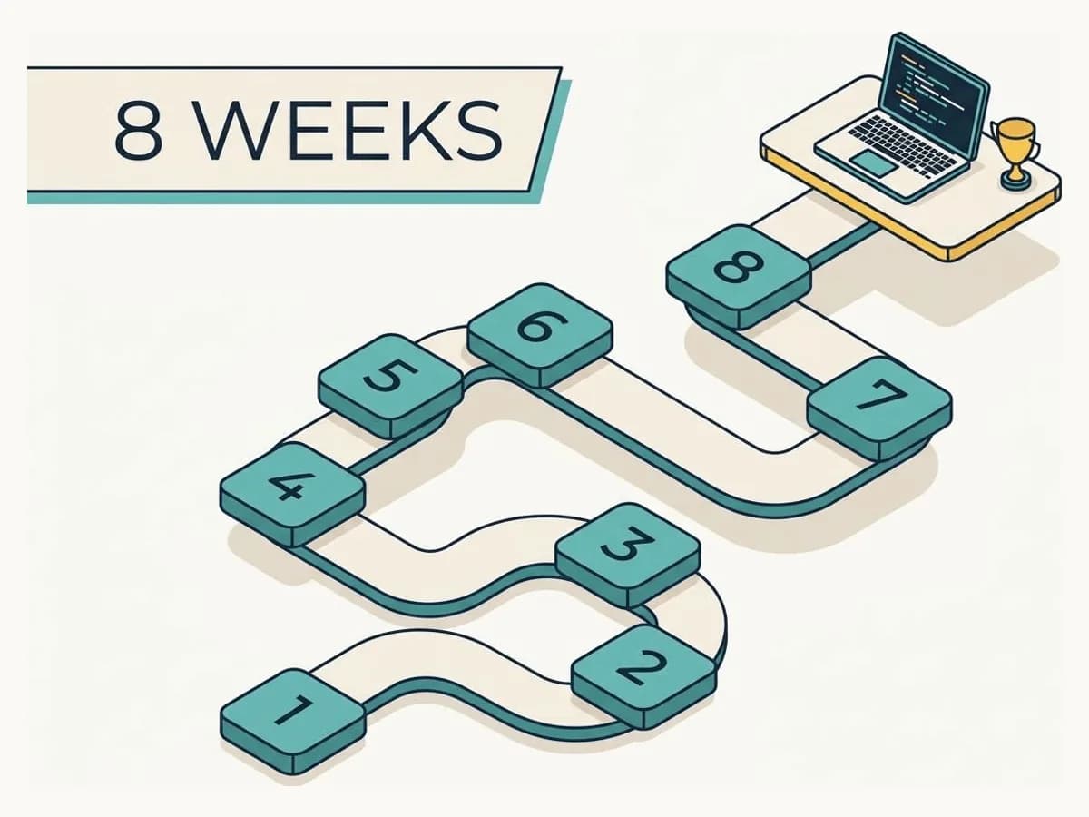 Isometric illustration of an 8-week study roadmap with numbered milestones leading to a laptop showing code and a trophy