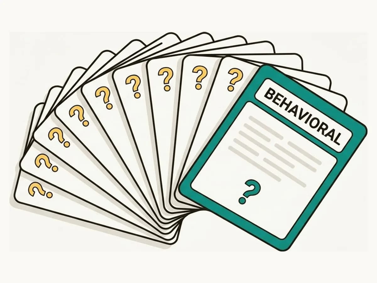 Isometric illustration of a fanned deck of behavioral interview question cards with the front card highlighted
