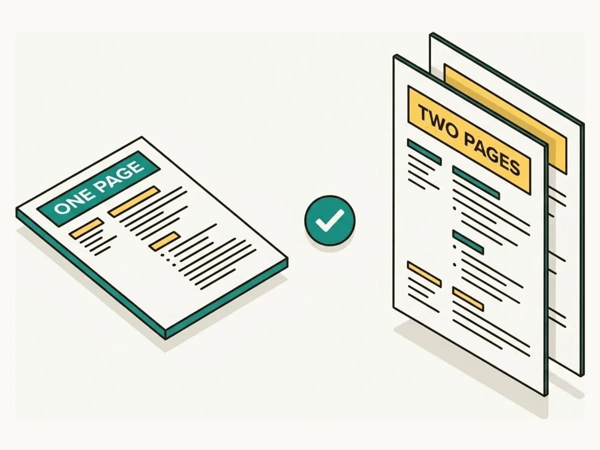 Isometric illustration comparing a one-page resume and a two-page resume, showing how resume length depends on experience level