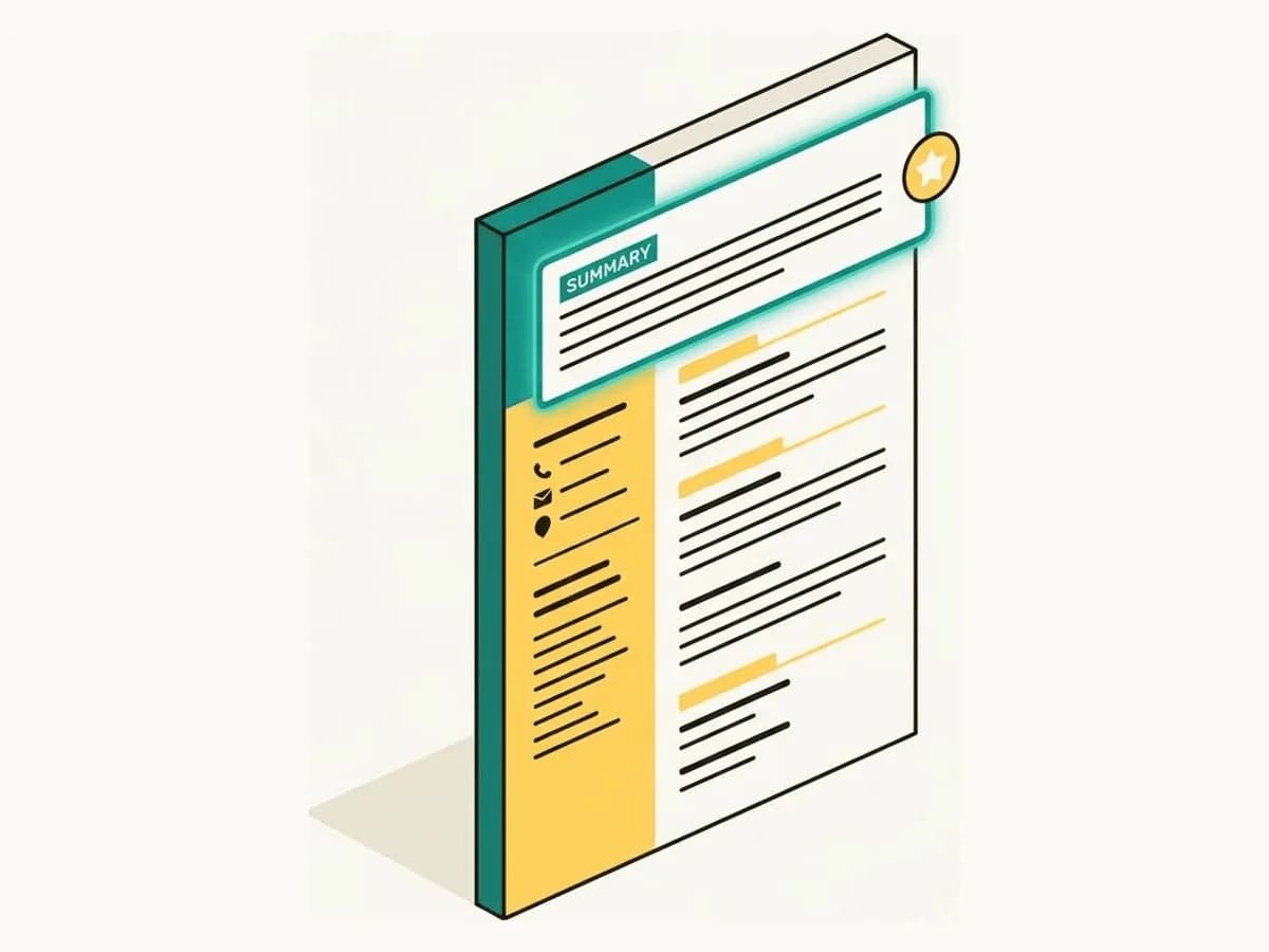 Isometric illustration of a resume with its professional summary block highlighted and marked with a star badge