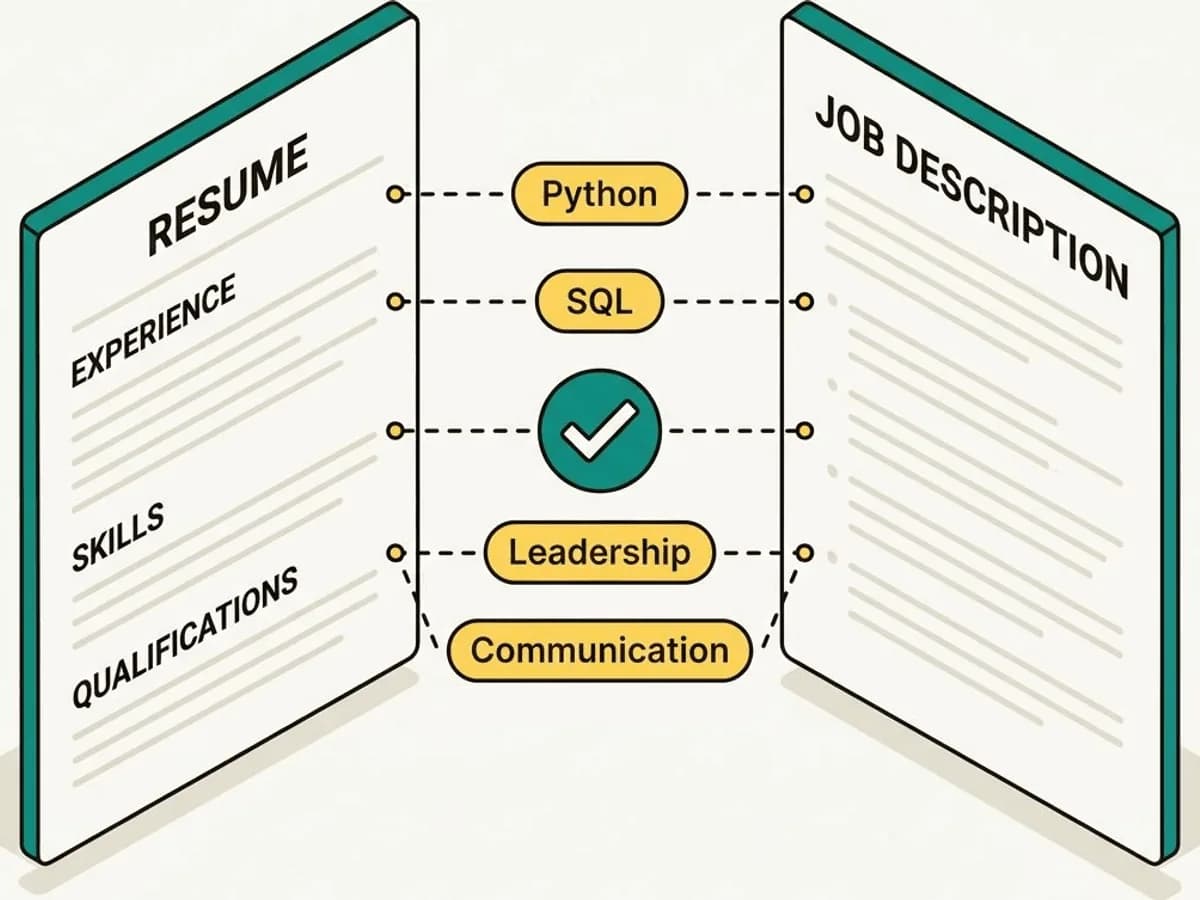 Isometric illustration of a resume and a job description side by side, with skill keywords like Python, SQL, Leadership and Communication matching between them and a checkmark badge showing a strong match