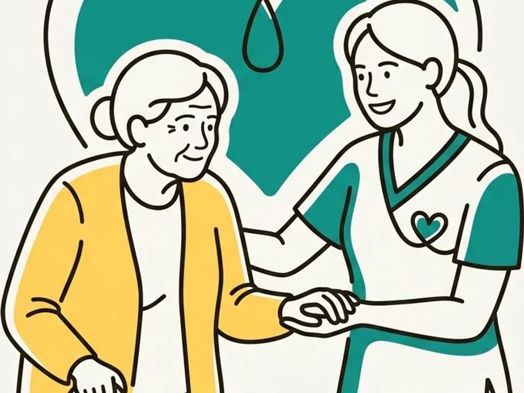 Line-art illustration of a caregiver helping an elderly person, with a heart motif