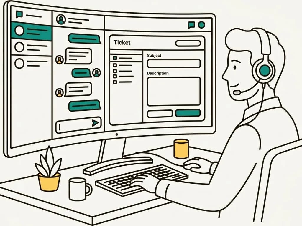 Line-art illustration of a support agent with a headset at a desk