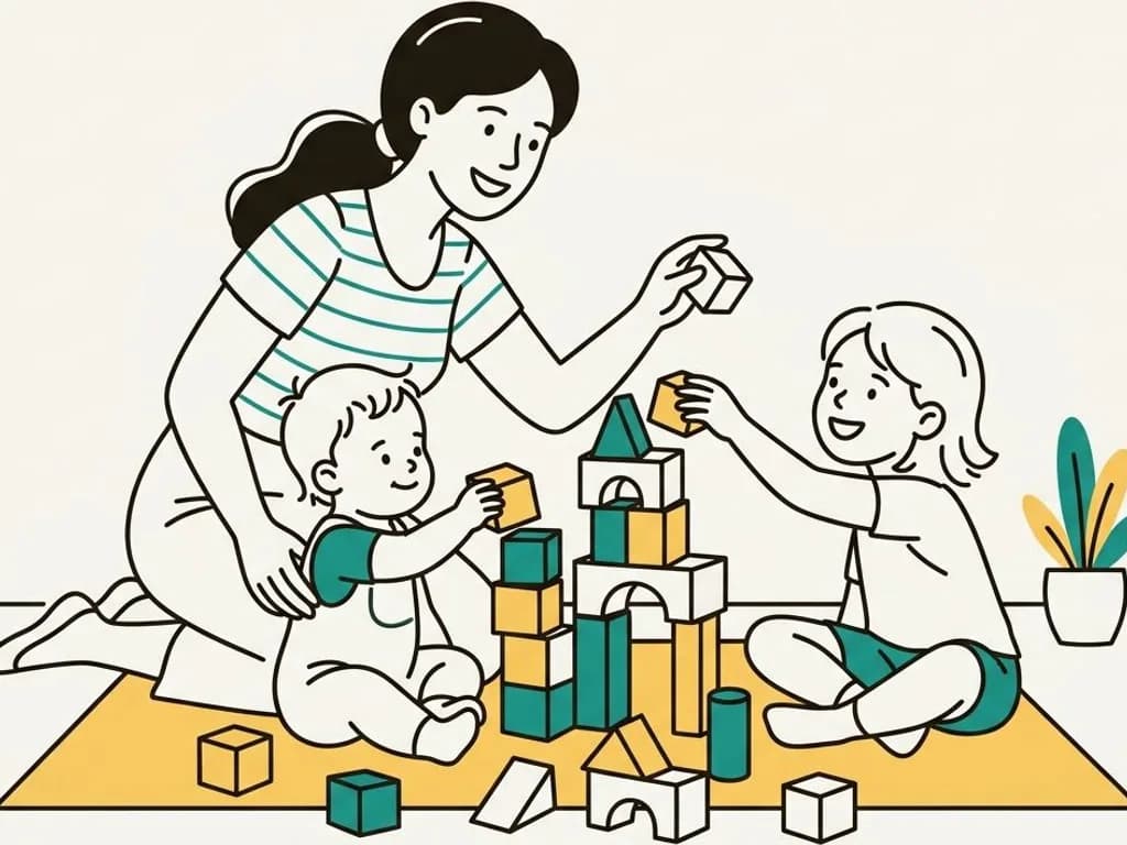 Line-art illustration of a nanny playing with two small children and building blocks