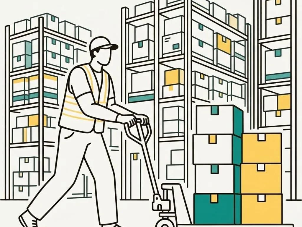 Line-art illustration of a warehouse worker moving boxes with a pallet jack