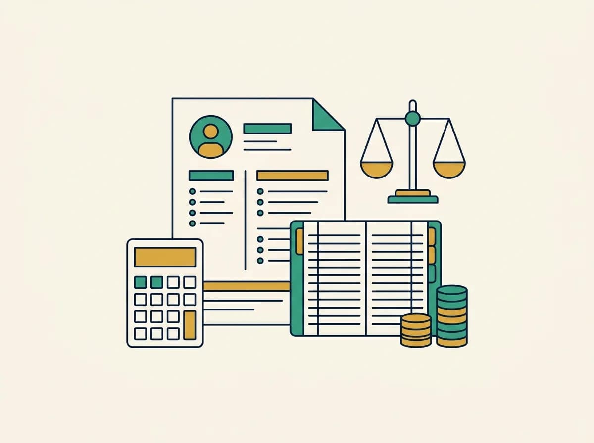 Flat illustration of an accountant resume beside a calculator, a ledger, a balance scale, and stacked coins