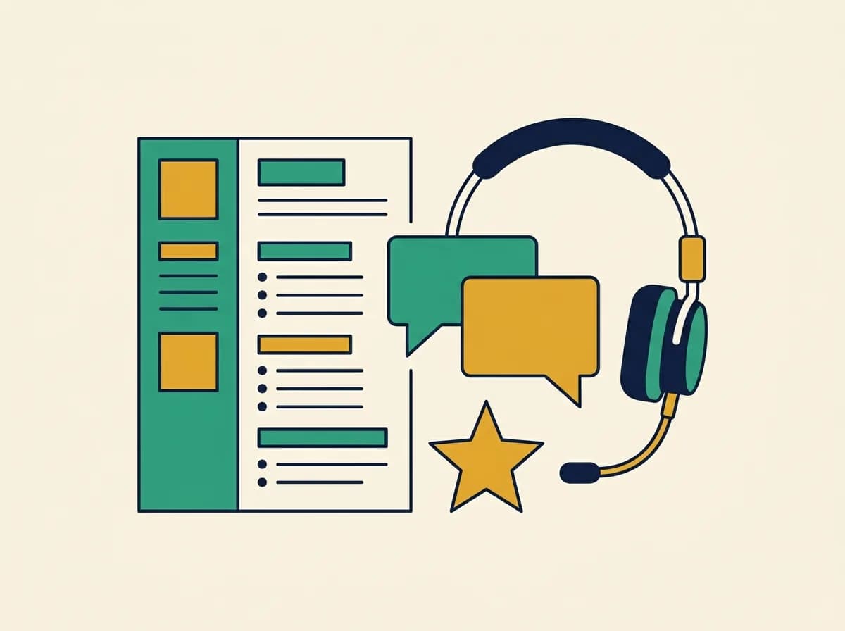 Flat illustration of a customer service resume beside a support headset, chat bubbles, and a rating star