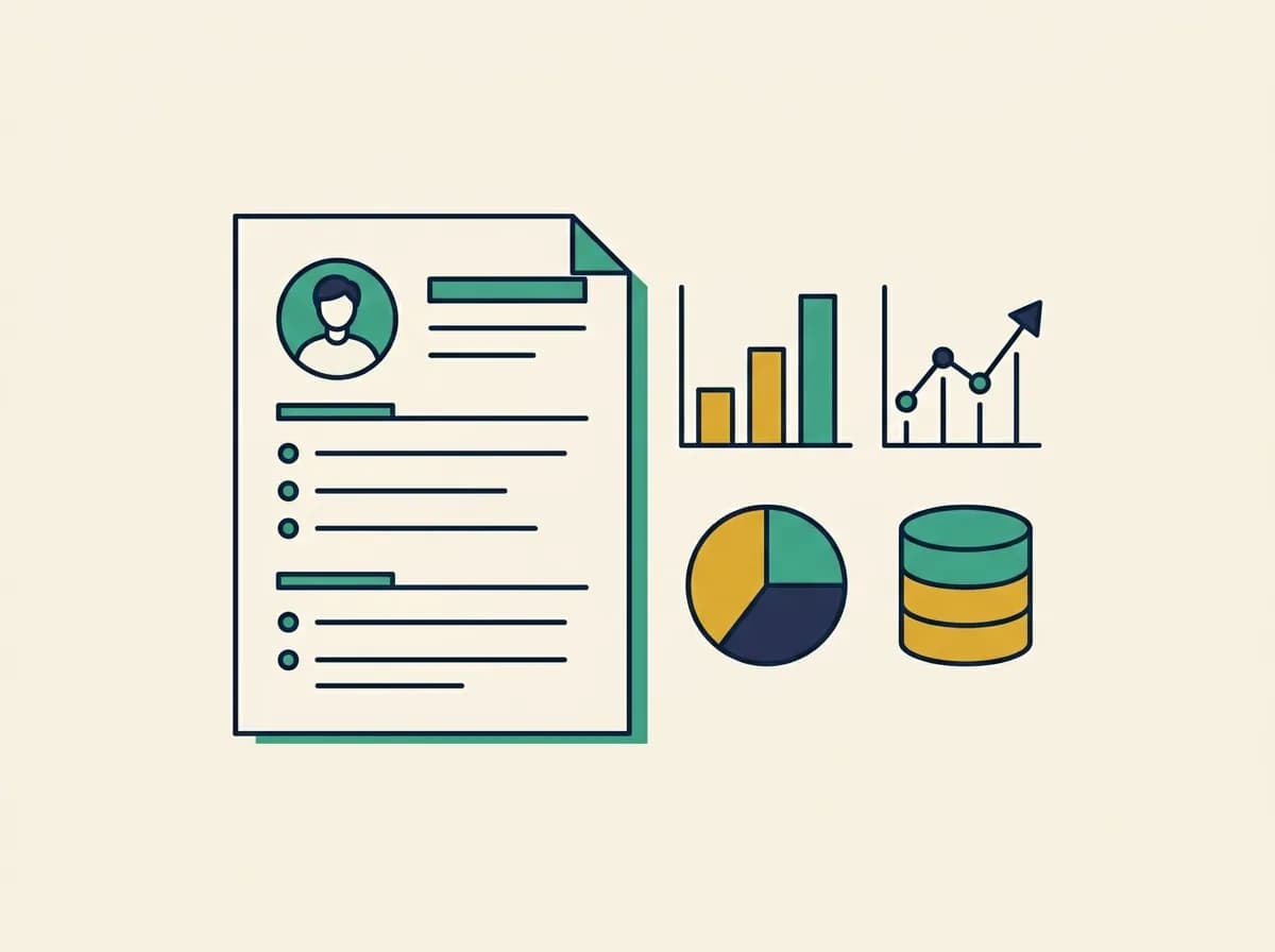 Flat illustration of a data analyst resume beside a bar chart, trend line, pie chart, and database