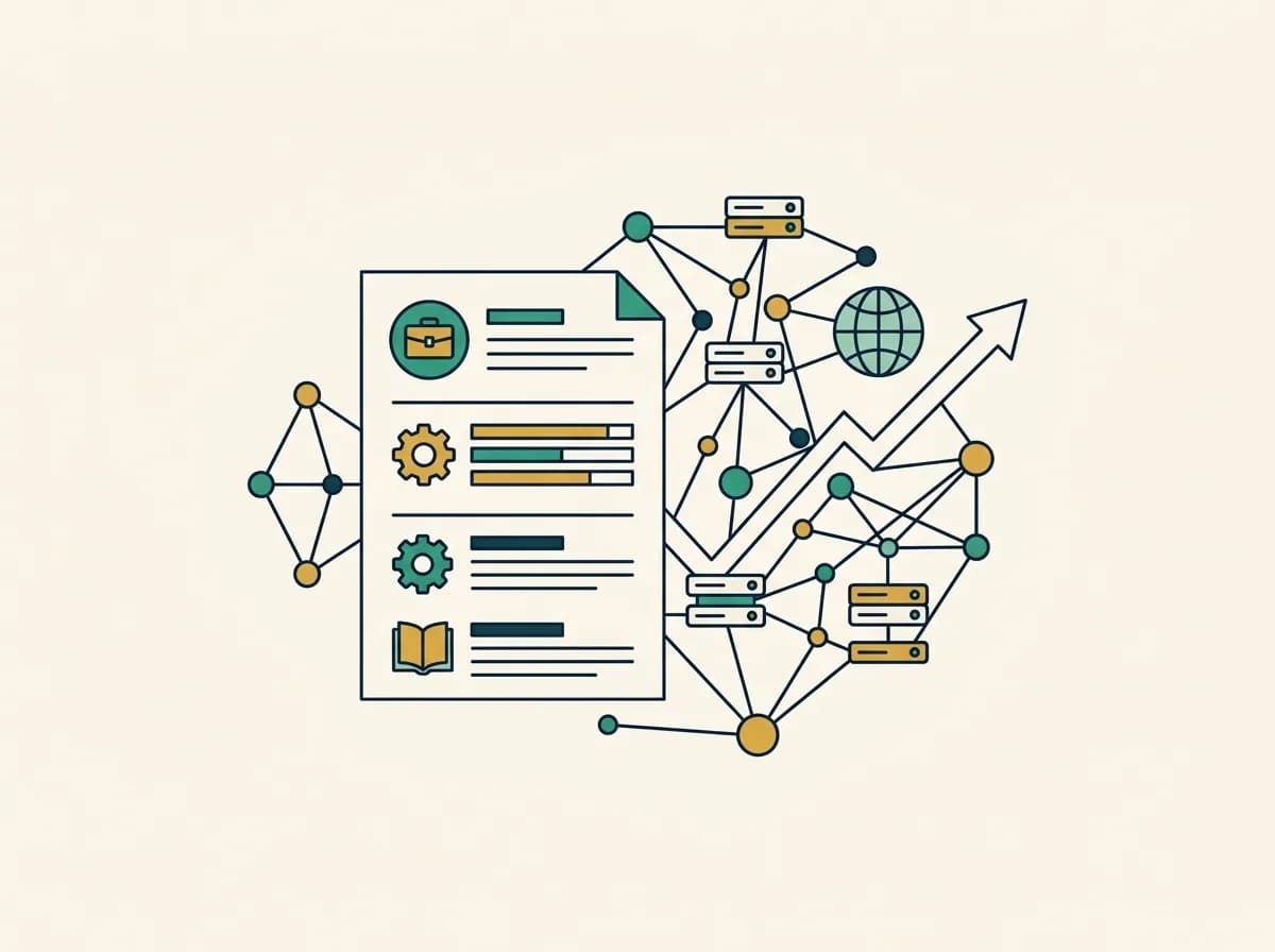 Flat illustration of a big-tech engineer resume beside a network of server nodes, a globe, and a scaling arrow