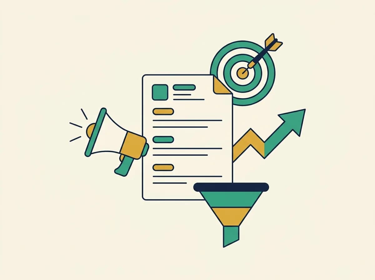 Flat illustration of a marketing manager resume beside a megaphone, a growth arrow, a funnel, and a target