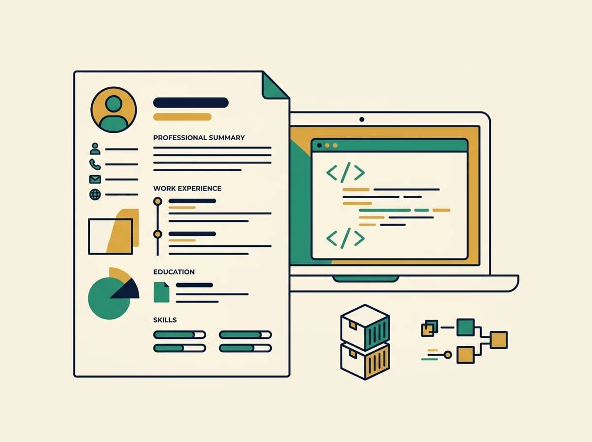 Flat illustration of a Python developer resume beside a laptop showing code, container cubes, and connected API blocks