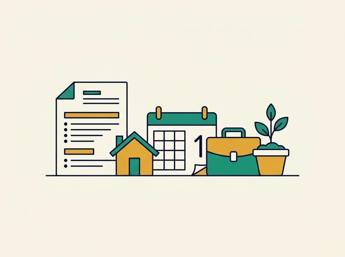 Flat illustration of a returning parent resume beside a house, a calendar, a briefcase, and a growing plant