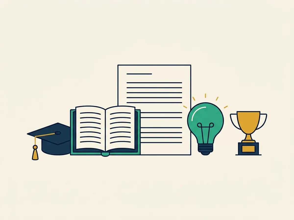 Flat illustration of a student resume beside a graduation cap, an open book, a lightbulb, and a trophy